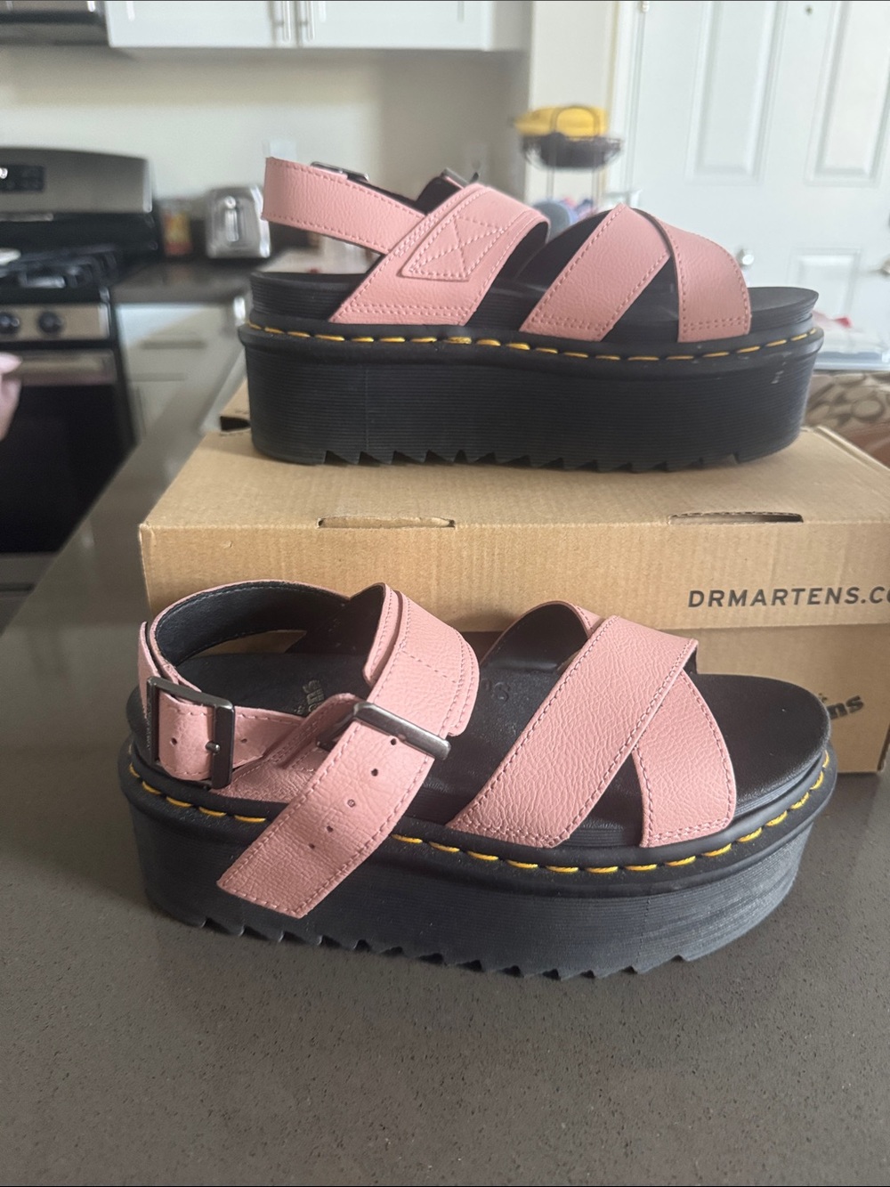 Athena Peach Beige Platform Sandals with Black Sole - Picture 4 of 5